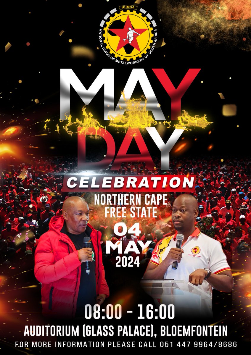 The NUMSA Northern Cape and Free State region is celebrating Workers Month with an event on the 4th of May. The NUMSA National Treasurer Mphumzi Maqungo and President Andrew Chirwa will be attending. Details below👇🏾 @IrvinJimSA #ForTheLoveofTheWorkingClass ❤️🖤💛