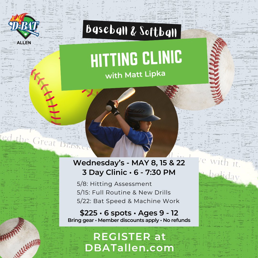 Our 3-Day baseball & softball hitting and fielding clinics, run by Instructor Matt Lipka, are perfect for players looking to up their game! With only 6 spots available, don't wait to register - DBATallen.com #itswheretheplayersgo