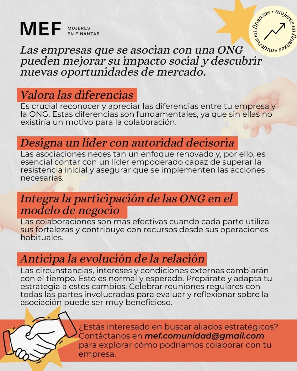 Explora cómo la colaboración entre tu empresa y ONGs puede desbloquear nuevas oportunidades y mejorar el impacto social 🌍. ¿Listo para unir fuerzas? Contáctanos: mef.comunidad@gmail.com #AlianzasEstratégicas