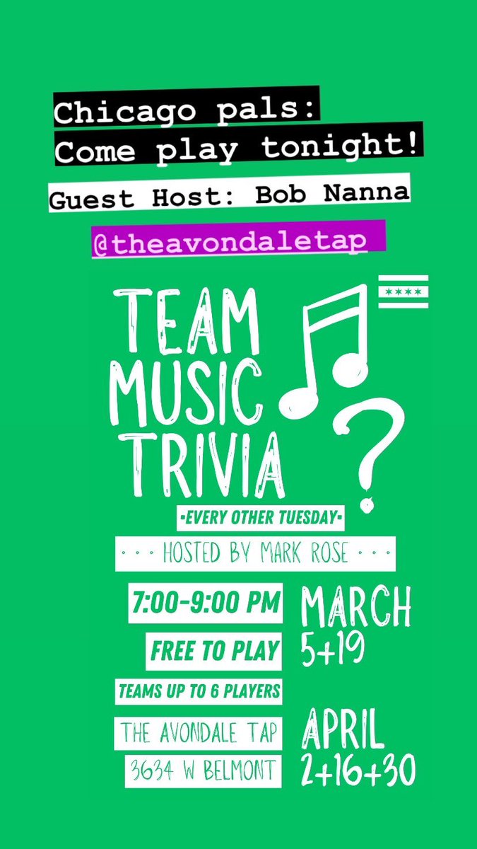 Chicago buddies… Team Music Trivia TONIGHT w/ guest host: @heybobnanna ⁉️