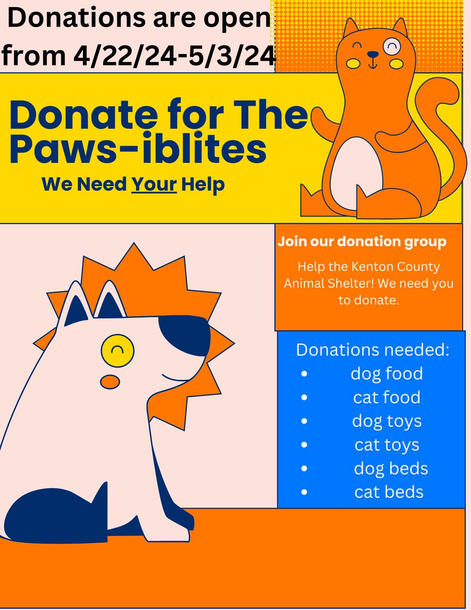 Our #STLP #tmgenius kiddos are raising donations for our local animal shelters starting 4/22/24 and going through 5/3/24! Please send donations to your student's classrooms. These geniuses made the posters on @canva and they did a phenomenal job!