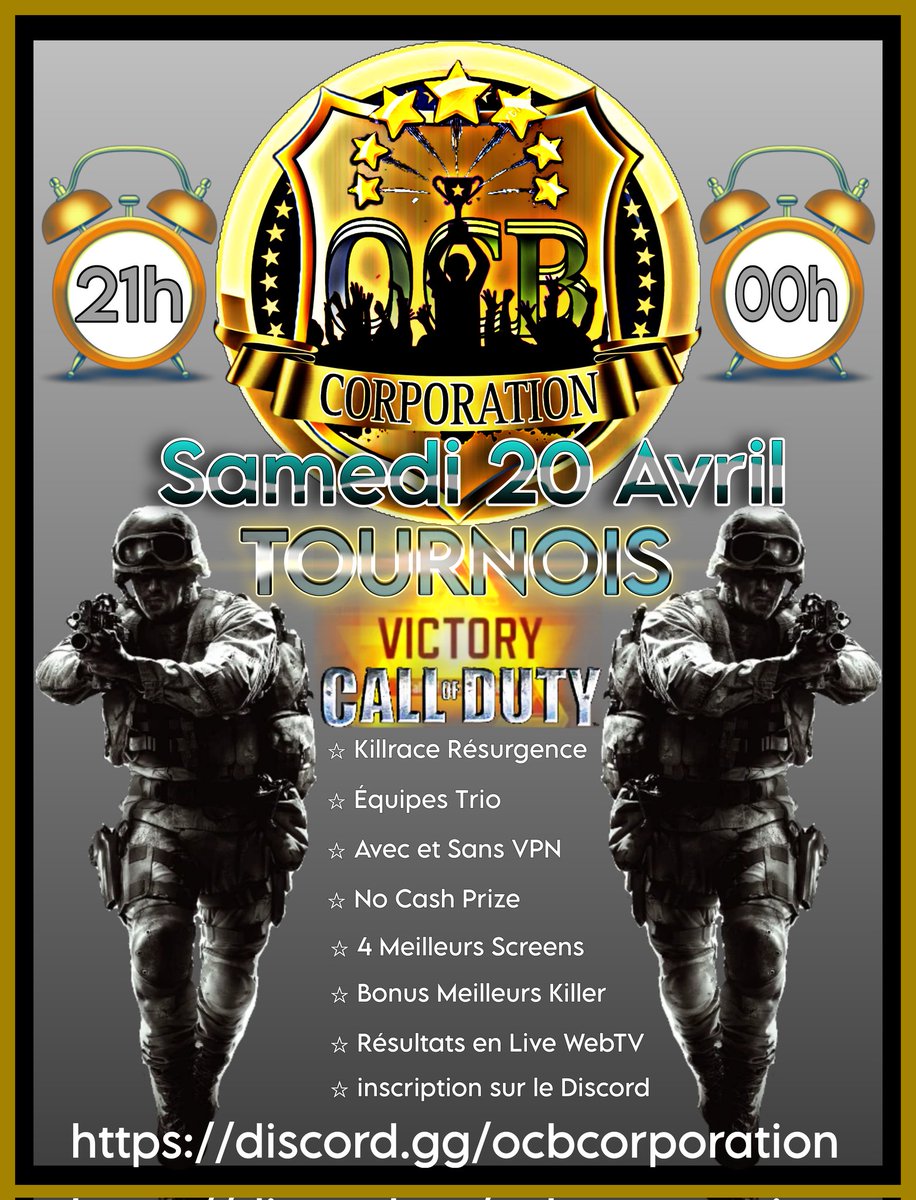 OCBCorp's tweet photo. 《 Tournoi Victory 》

◇ Samedi 20 Avril ◇

● Killrace Résurgence 

● Équipes de 3 joueurs 

● 2 tableaux < VPN > et < No VPN >

● Bonus Top Killer 

● Rassemblement à 20h30 

● De 21h à  00h 

● Inscription sur le discord 

☆ OCB Corporation =>
https://t.co/rwz8mOlOWE https://t.co/Wk35WZLzuS