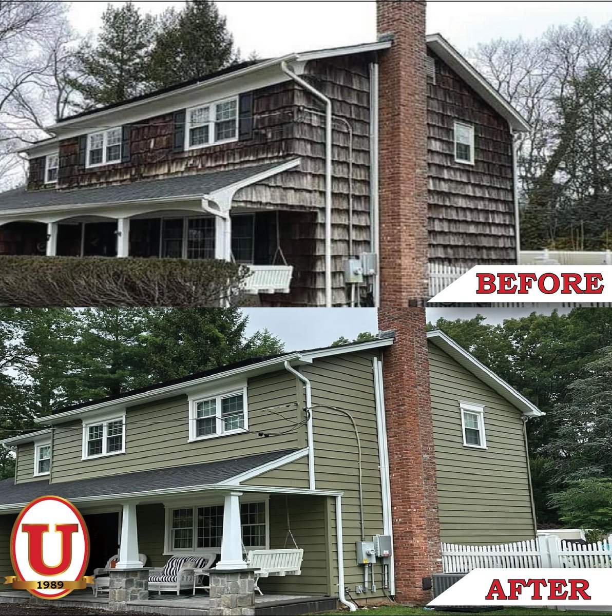 🏠✨ Say goodbye to old wood shingle #siding and hello to fresh green siding! 🌿 We transformed this #home by replacing outdated features with new #windows, trim, exterior lineals, and a top-of-the-line #gutter system. Ready for a stunning upgrade? #TransformationTuesday