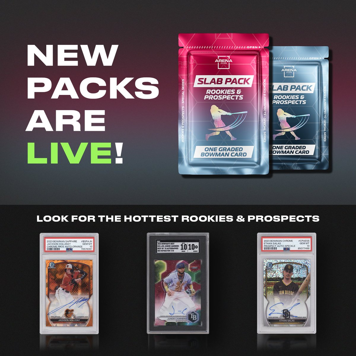 Rookies & Prospects Slab Packs are Live!! 📣 . Which Pack are you going to rip? 👀 💥 . #arenaclub #slabpacks