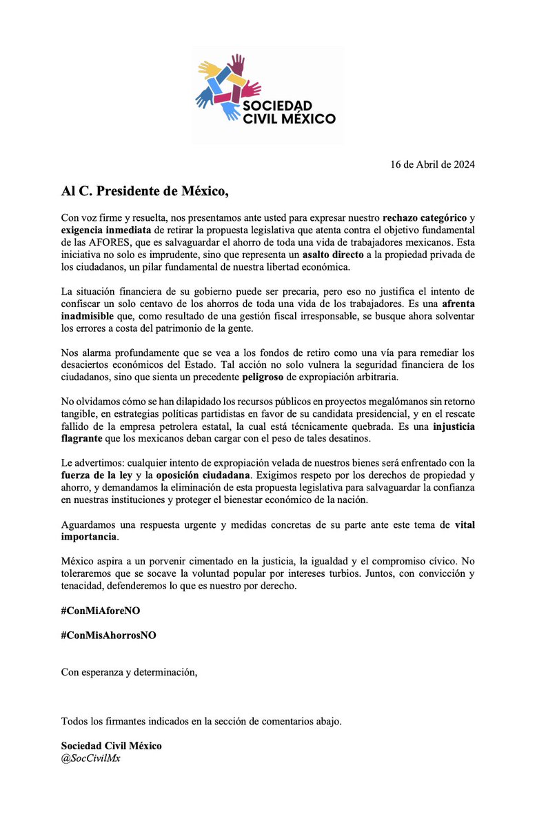Sociedad Civil México (@soccivilmx) on Twitter photo Por favor comenta, suscribe y comparte. Gracias
------------
Comunicado al C. Presidente de México <a href="/lopezobrador_/">Andrés Manuel</a>, en el que expresamos nuestro rechazo categórico y exigencia inmediata de retirar la propuesta legislativa que atenta contra el objetivo fundamental de las AFORES, Por favor comenta, suscribe y comparte. Gracias
------------
Comunicado al C. Presidente de México <a href="/lopezobrador_/">Andrés Manuel</a>, en el que expresamos nuestro rechazo categórico y exigencia inmediata de retirar la propuesta legislativa que atenta contra el objetivo fundamental de las AFORES,