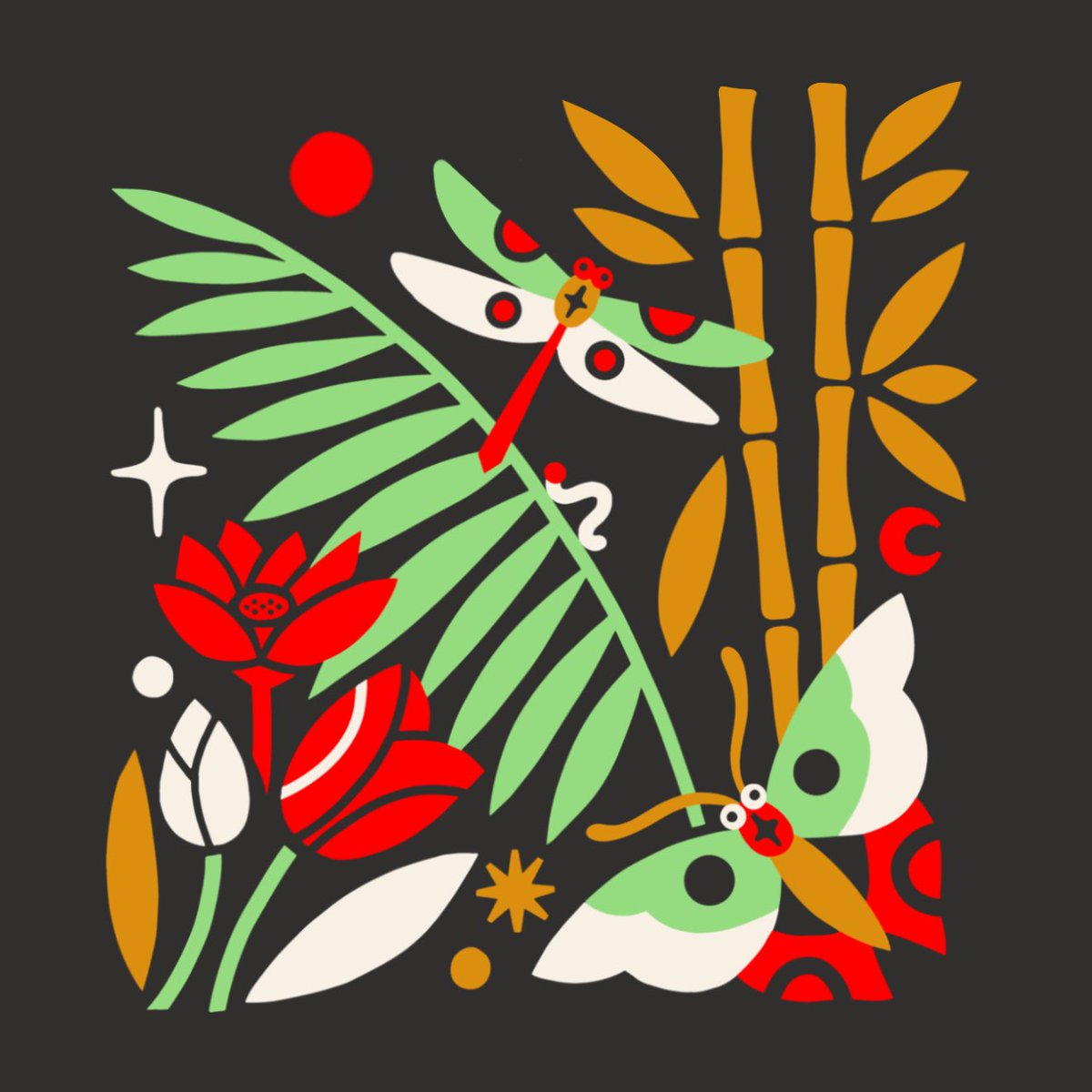 Shirt design for the AANHPI group at the leading org for wildlife conservation 🦋🕸️🌱🐛🌷🌿🎋 the final drawing aims to celebrate the rich cultural heritage found across the region, and a collective commitment to preserving these habitats for generations