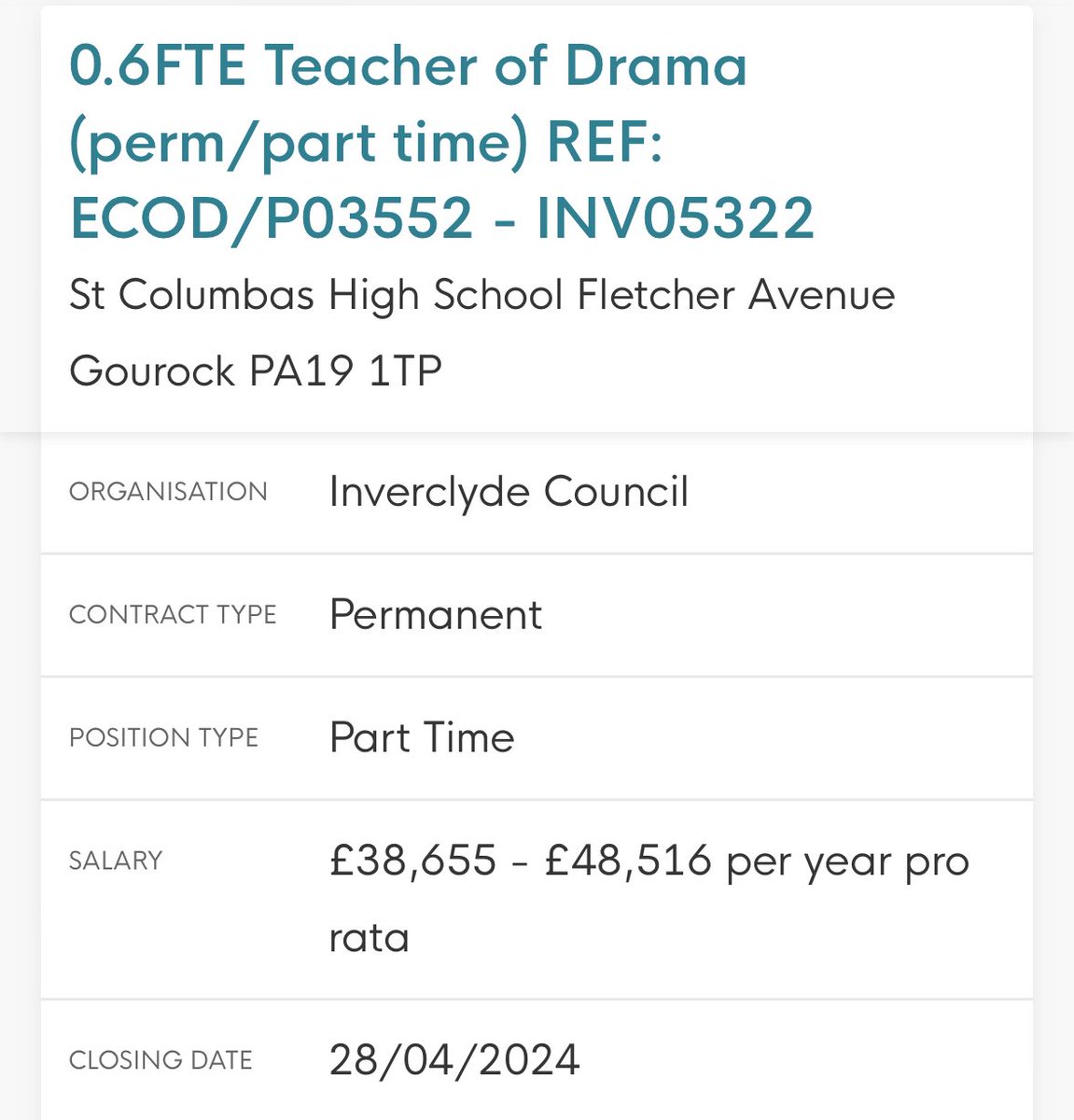 We are looking for a Drama teacher 🎭. Come and join our fantastic Drama department! <a href="/SCHDrama/">St Columba's HS Drama Dept</a> myjobscotland.gov.uk/councils/inver…
