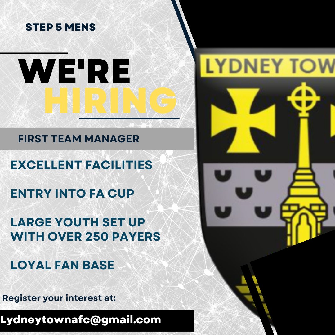 ICYMI: Our mens first team are seeking a new manager for the 24/25 season We offer: Step 5 Football Best facilities in the area Entry into the FA Cup Community club with over 250 youth players Lively social scene with loyal fan base (could probs use a graphic designer too..)