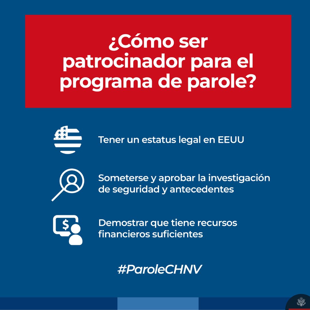 ¿Quieres ser patrocinador para el programa de parole? Visita uscis.gov/es/CHNV donde podrás conseguir toda la información. Tú también puedes ayudar a alguien que lo necesita.