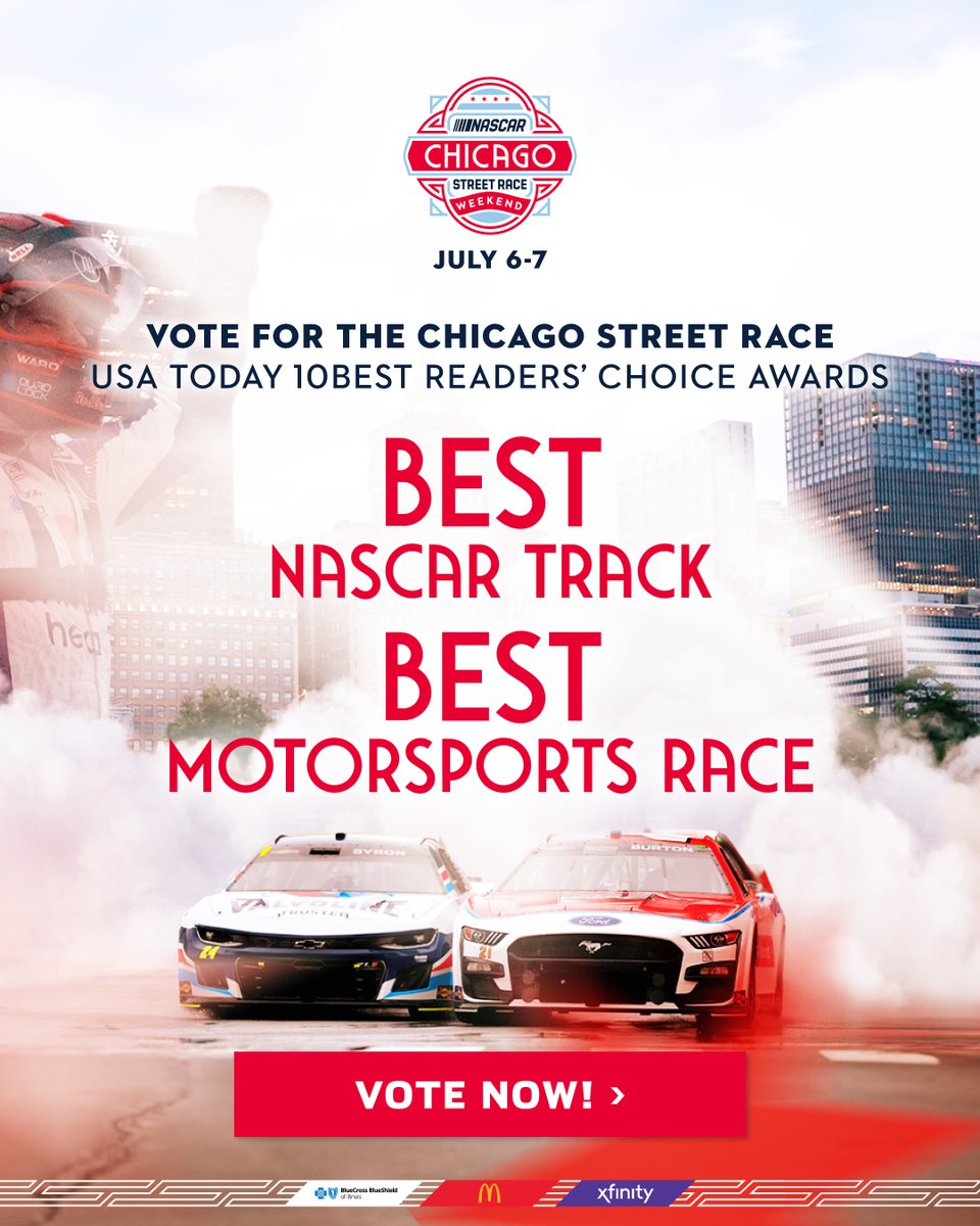 NASCAR Chicago fans: we need you! 🏁📣 Vote for the Chicago Street Race as 'Best NASCAR Track' in @USATODAY's 10Best Reader's Choice Awards! You can vote once per day — vote now! 👇 nas.cr/49m3VxS #NASCARChicago