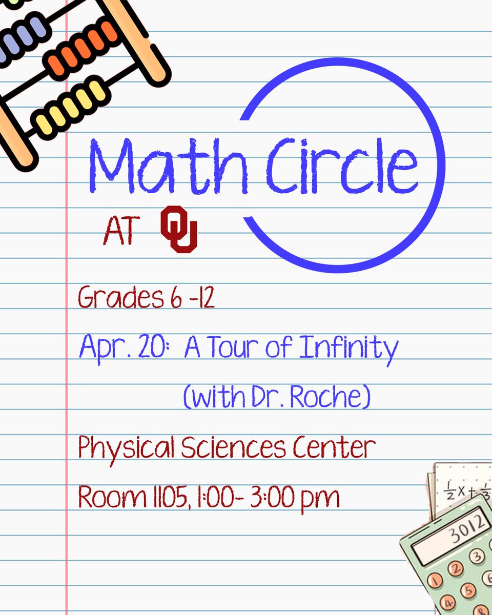 OU_Mathematics's tweet image. Join us this coming #MathCircle to learn about infinity. Like Buzz Lightyear says, we will go to infinity and beyond! #OUMathCircle #Mathforkids #OUMath