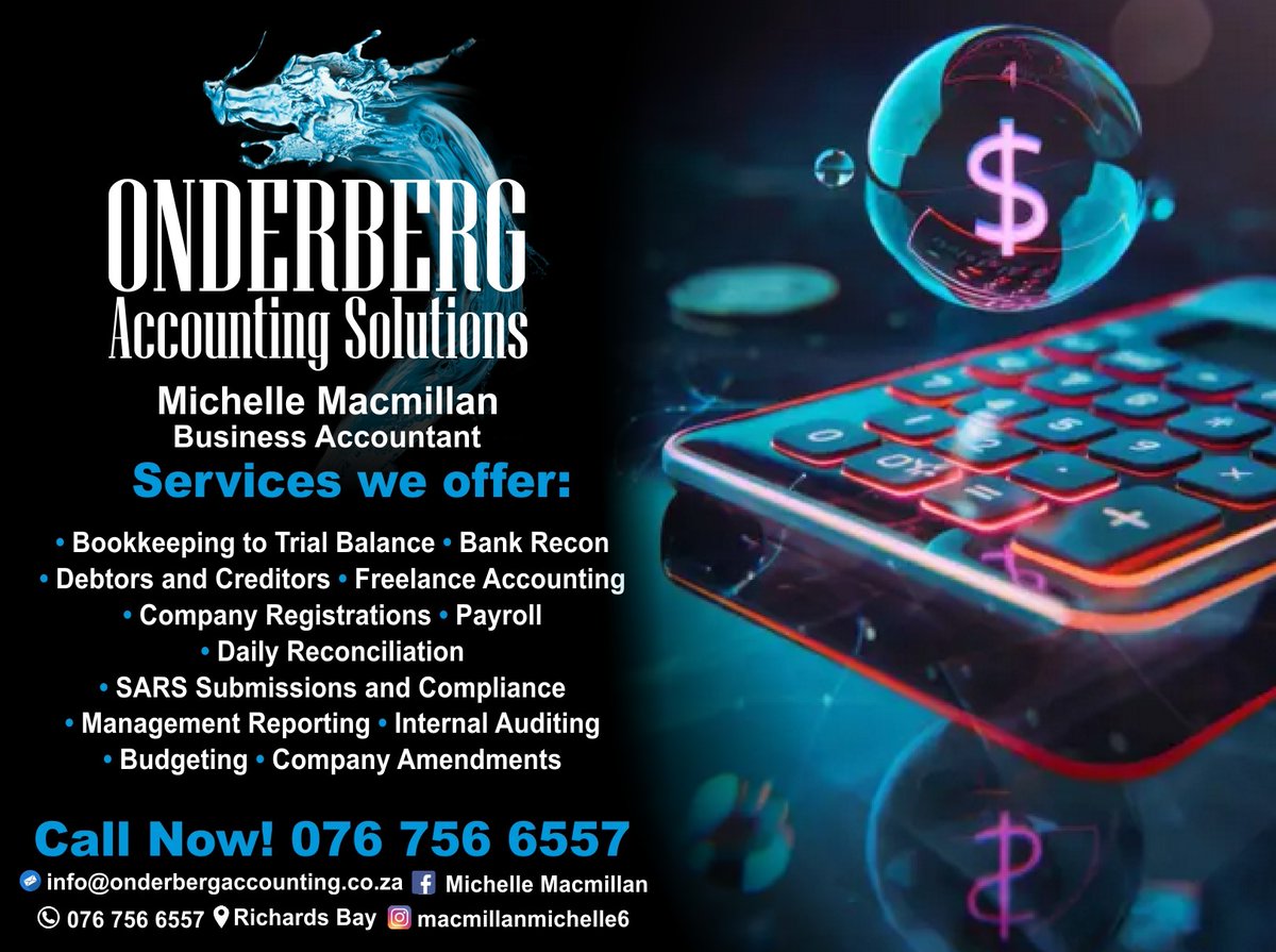 Onderberg Accounting Solutions Richards Bay- Quality Service, Quality Accounting. Let us sort all your bookkeeping out for you!

Call Michelle Macmillan now on 0767566557 or email info@onderbergaccounting.co.za

#accounting #AccountingServices #bookkeeping #debtorsandcreditors