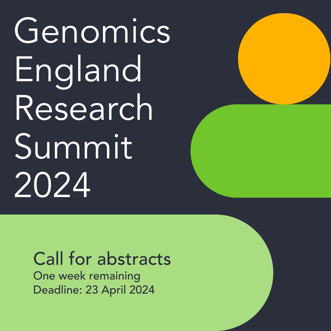 Are you a member of the Genomics England Research Network or Discovery Forum?🔬 There's just 1 week left to submit your abstract to showcase your research at our Research Summit 🚀 Submit before the deadline on Tuesday 23 April: ow.ly/SCO950QXuFG #GERS2024