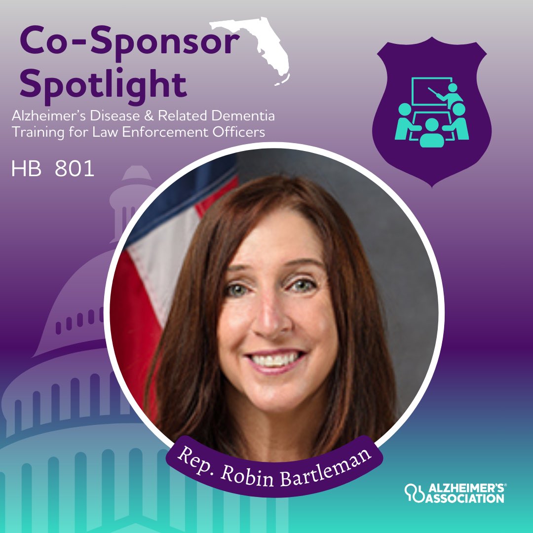 We are incredibly grateful for all the Florida House Representatives who cosponsored HB 801 which was just signed by the Governor this month. Thank you Rep. @Robin_Bartleman for your continued support for the 580,000 Floridians living with Alzheimer’s and their caregivers.