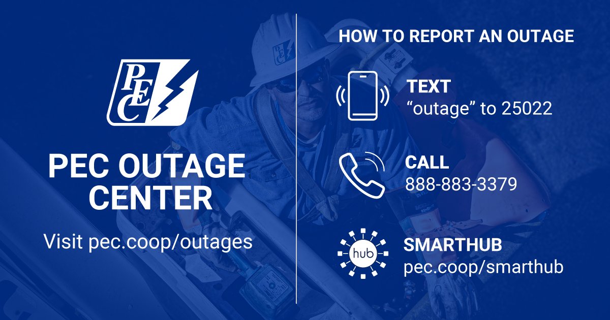 Outage Alert: There is a service interruption in Liberty Hill affecting 1,700+ meters. Crews are on-site and expect to have power restored within 15 minutes. Please visit pec.coop/outages for updates.