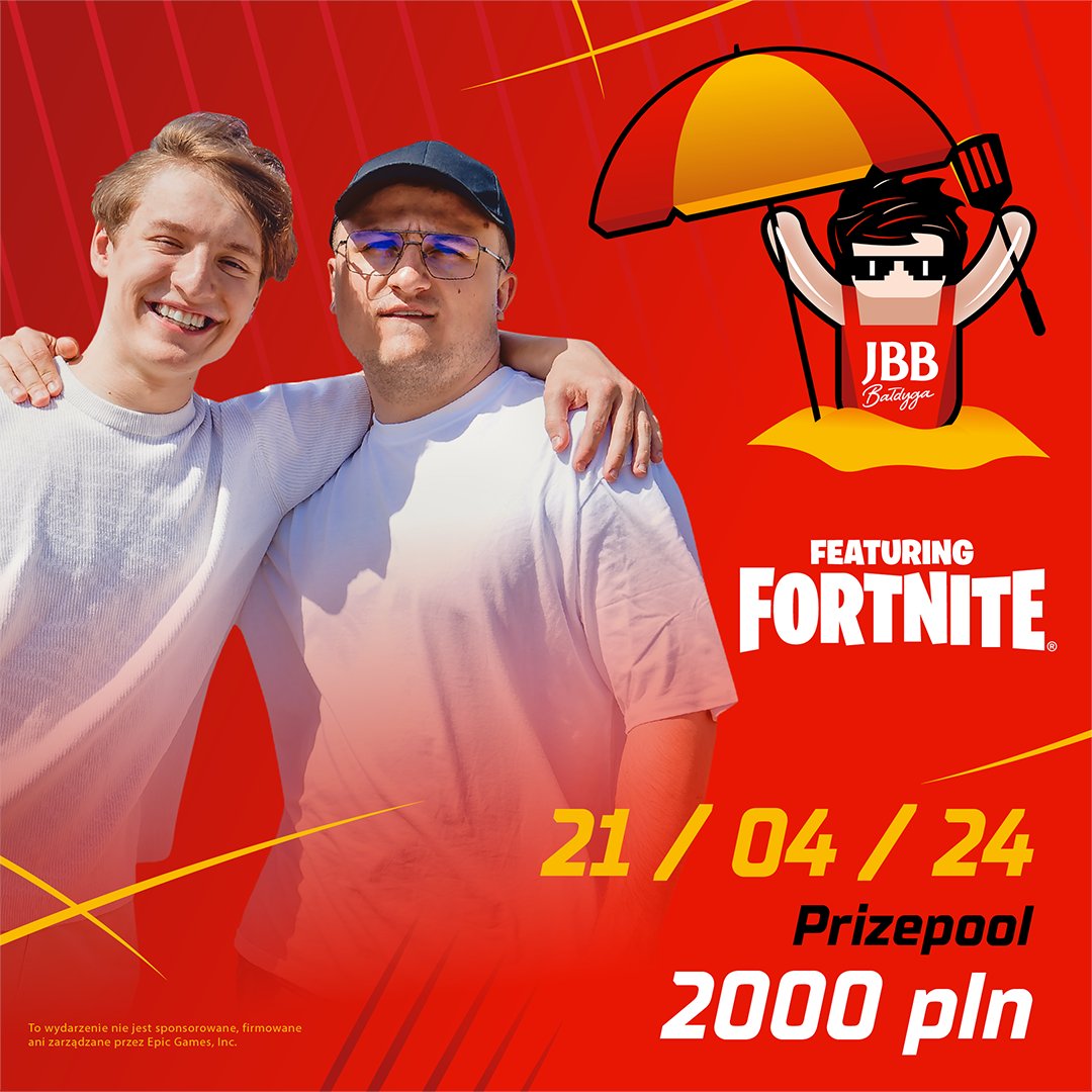 Przyjaciele!
Wołajcie swojego duo bo trzeba coś przygrillować!

🏖 Fortnite Battle Royale.
🏖Duo.
🏖2000 złotych w puli.
🎙<a href="/matekfn/">Matek</a> &amp; <a href="/beznickoss/">Beznickos</a> &amp; <a href="/Bezi_lol/">Wojciech "Bezi" Wróbel</a>.
🏖Kwalifikacje w sobotę o 14.
🏖Finały w niedzielę o 19.

Zapisy: wls.gg/BeLoud/events/…

#współpracapłatna #jbbbałdyga
