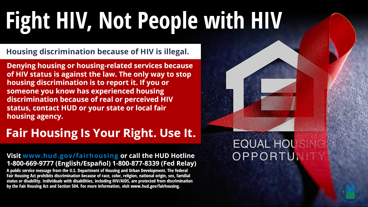 April is #FairHousingMonth!  

Did you know? Real or perceived #HIV status is protected under the disability provision of the #FairHousingAct. Housing discrimination because of HIV is illegal.  Learn more from @FHEO_HQ at hud.gov/fairhousing.
