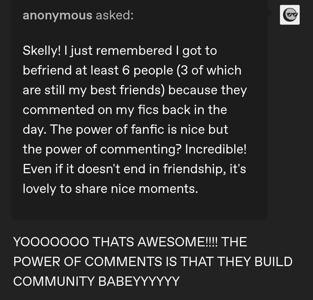 COMMENTS BUILD COMMUNITY!!!! TELL US ABOUT FRIENDS AND CONNECTIONS YOU MADE THROUGH LEAVING COMMENTS ON FIC WE WANNA HEAR ABOUT IT!!!