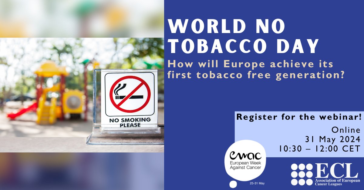 🚭 Join us for a crucial discussion on tobacco control when we wrap up European Week Against Cancer next month. #TobaccoFreeGeneration #TobaccoControl Webinar on May 31st, 2024, 10:30 am CET. ✏️ Register now: bit.ly/3VRNLt3