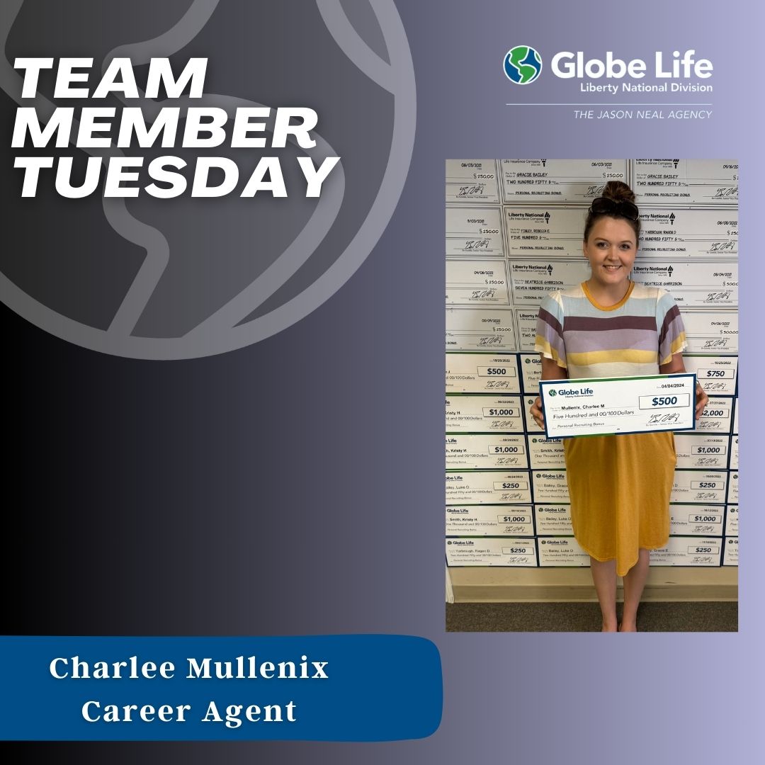 It's #TeamMemberTuesday! Meet Agent Charlee Mullenix! She received a $500 personal recruiting check! Keep up the excellent work! #globelifelifestyle  #libertynational #thejasonnealagency #MTXE