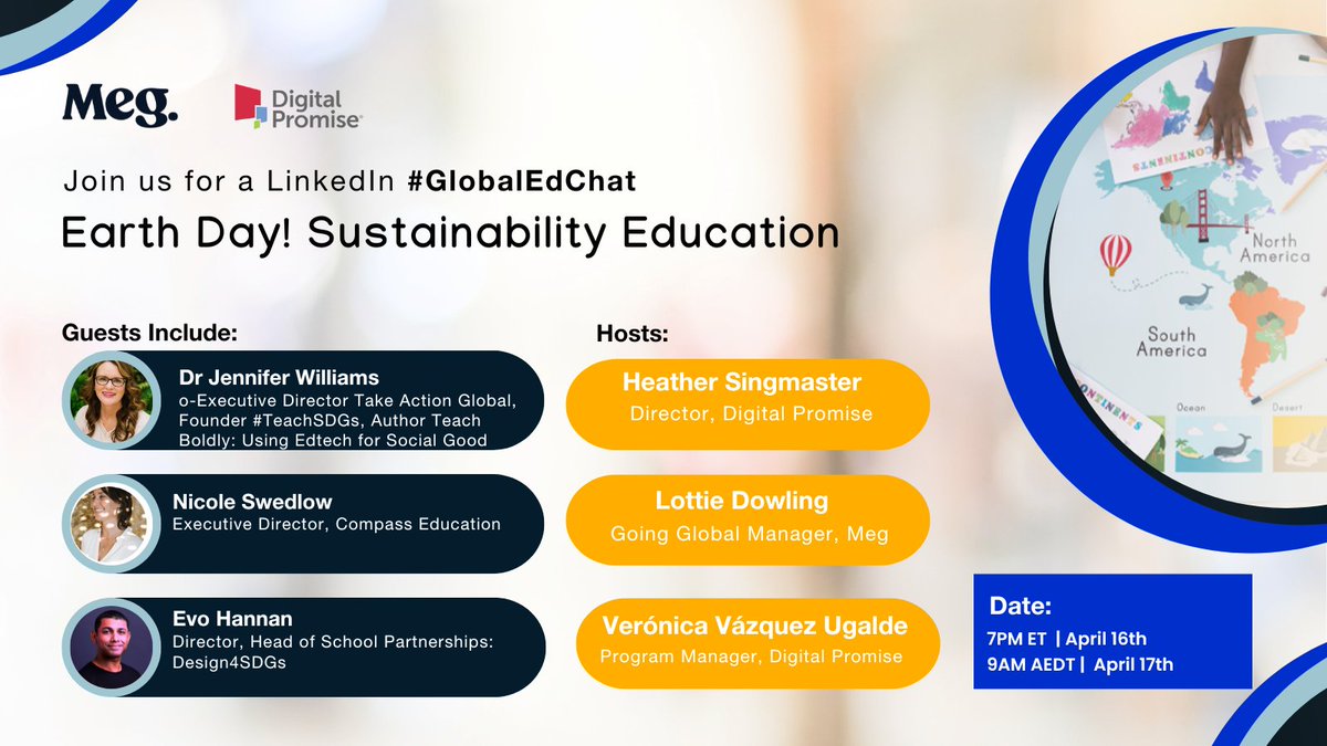 It's almost #EarthDay2024! Join us today at 7pmET/4pmPT over on LinkedIn to chat about educating students on sustainability: linkedin.com/events/earthda… #globaledchat #globaled