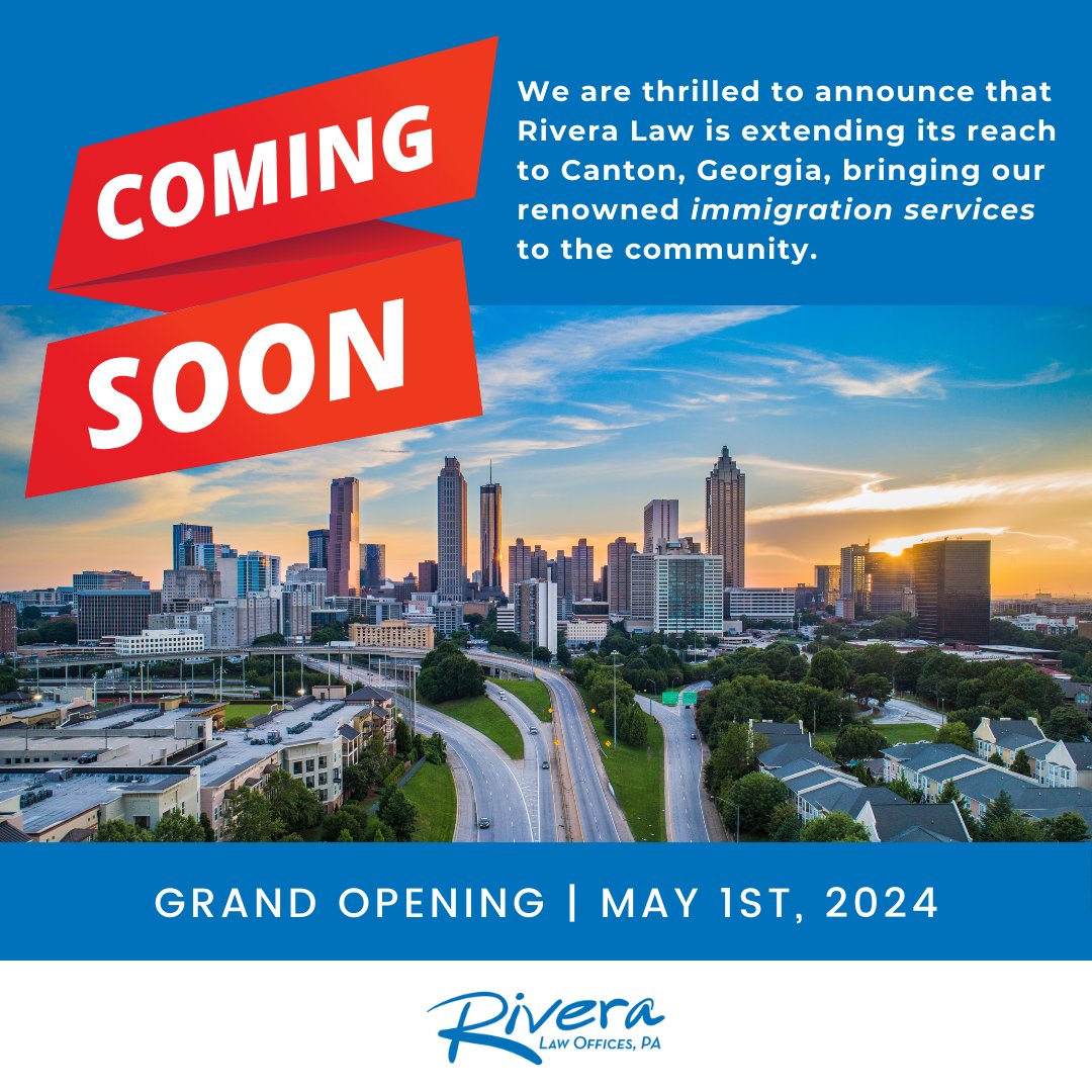 🎉🌟 EXCITING ANNOUNCEMENT! 🌟🎉We're thrilled to share some incredible news with you all! Rivera Law is expanding its reach and bringing our immigration services to Canton, GA! 🎉

#AttorneyRivera #RiveraLaw #ImmigrationServices #CantonGA #CommunityImpact #LegalAssistance