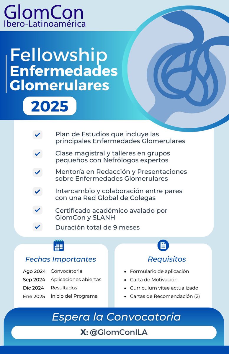 Anunciamos el lanzamiento 🚀 del #GlomConILA fellowship de enfermedades glomerulares en español con el apoyo de <a href="/SLANH_/">SLANH</a> 

Stay tuned!