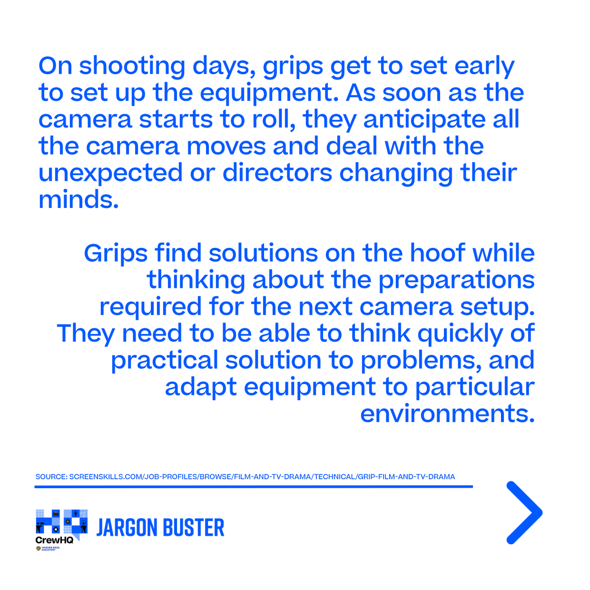 WBCrewHQUK's tweet photo. G is for⦠Grip!
This #TuesdayCrewsday, weβre back with another jargon buster - At CrewHQ, we're committed to breaking down industry barriers to make working in film and TV production accessible for everyone.
#WeAreCrewHQ #ConnectLearnProgress #FilmSchool https://t.co/wXhUiU9IP5
