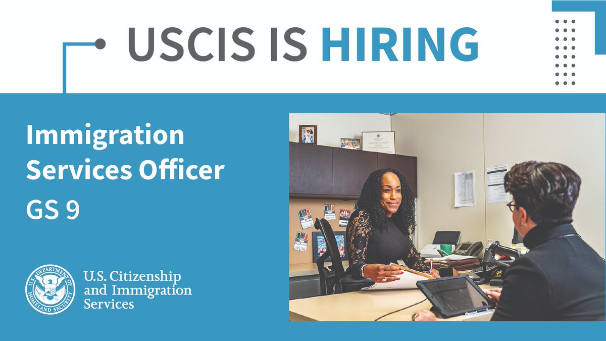 USCIS immigration services officers make decisions on immigration benefits cases & help change lives every day. Apply to #JoinUSCIS as an immigration services officer. This job will close on 4/22 or when we have received 100 applications. usajobs.gov/job/785874700 #MakeADifference