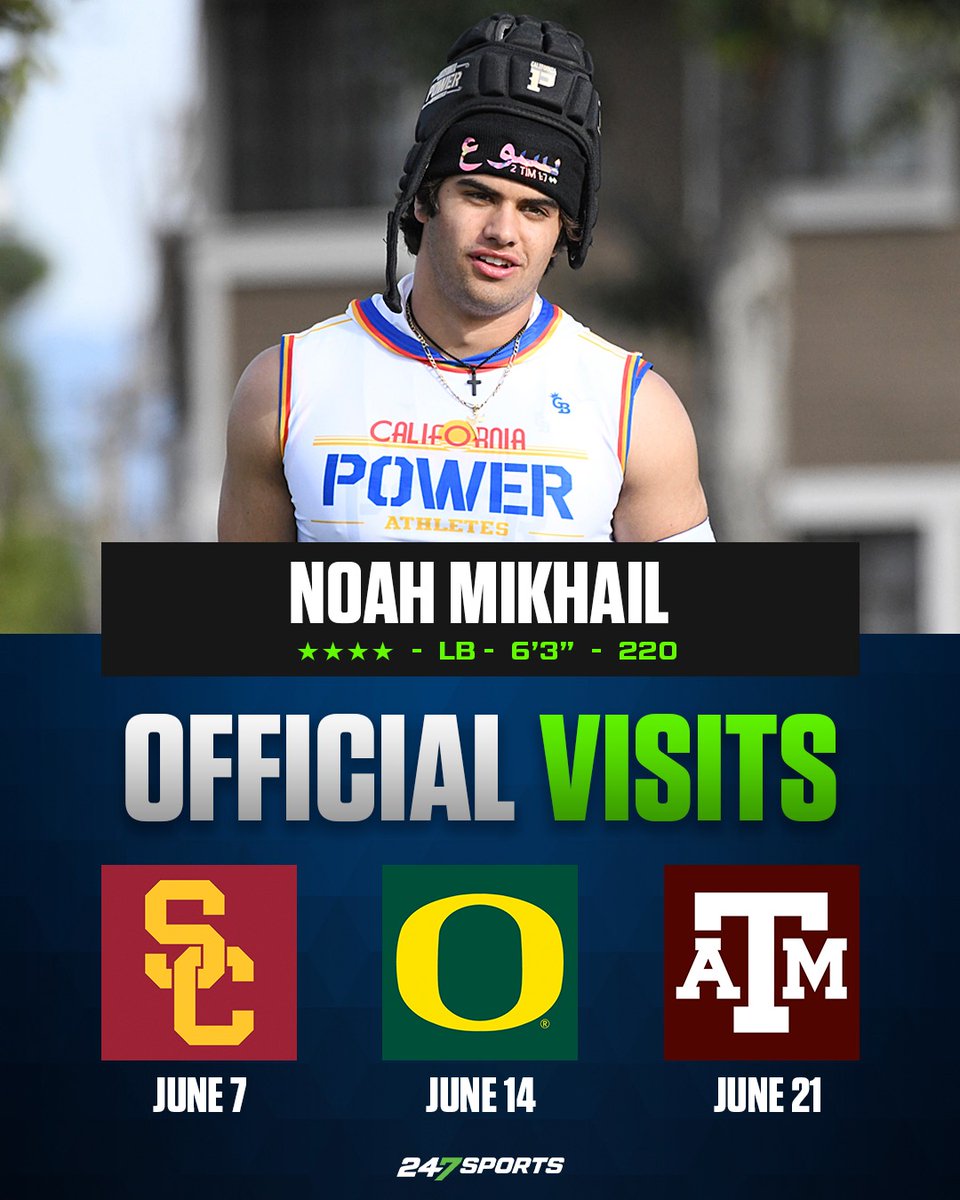 Elite linebacker Noah Mikhail from La Verne (Calif.) Bonita has locked in his first three official visits of the process. USC, Oregon and Texas A&M will get up-close looks this summer: 247sports.com/article/top-10…