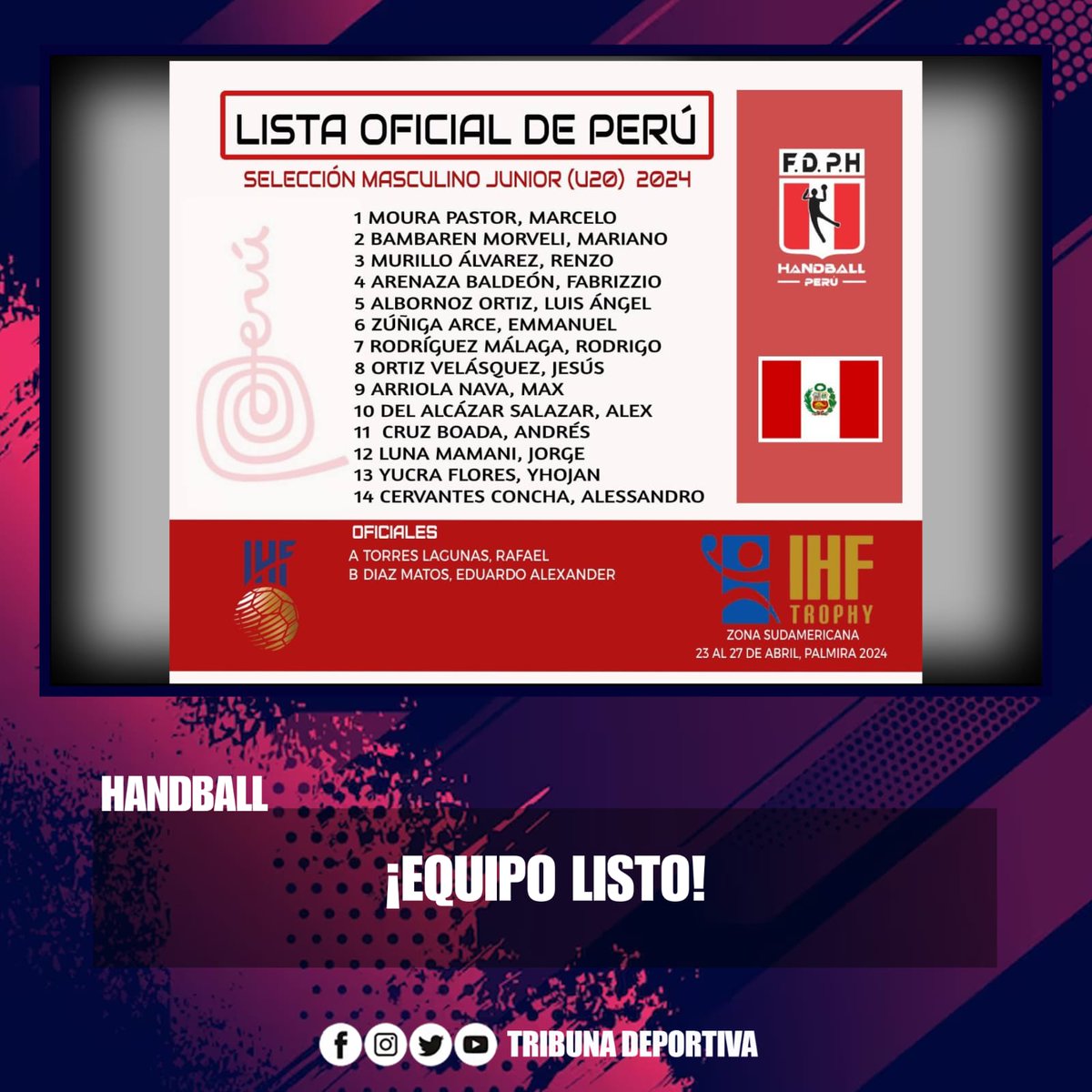 ¡EQUIPO LISTO! 

Selección Masculina Sub-20 quedó lista para afrontar el IHF TROPHY Zona Sudamericana Palmira 2024 en Colombia este 23 de abril. 

#SelecciónPeruana #Handball