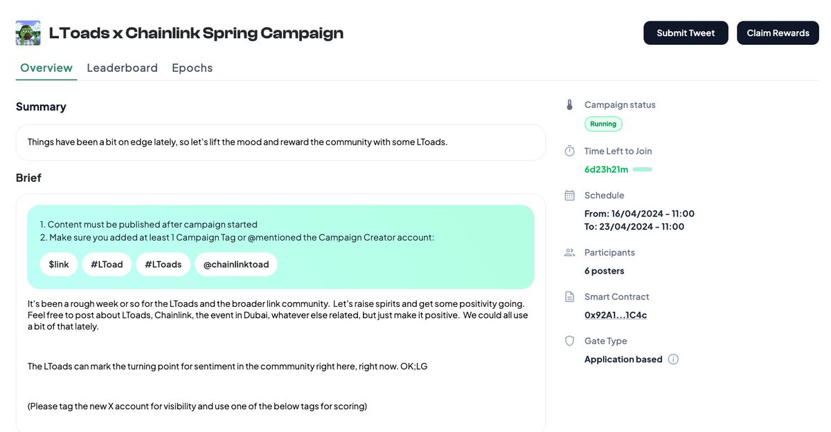 🚨OUR WIN AN LTOAD NFT CAMPAIGN IS NOW LIVE on campaign.ltoad.com 🚨

ANYONE & EVERYONE CAN PARTICIPATE BY TWEETING ABOUT THE #LTOADS 

JUST TWEET TAGGING OUR TWITTER HANDLE:

@chainlinktoad 

AND THEN SUBMIT YOUR TWEET INTO THE LINK ABOVE WHERE IT SAYS 'SUBMIT TWEET'