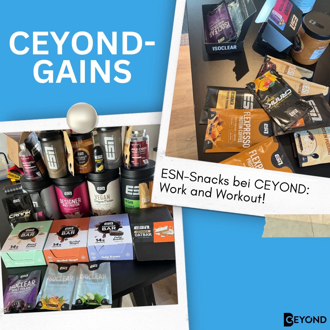 Zweite Runde #CEYONDGAINS 💪🏼Im CEYOND Office warten ESN-Produkte auf euch – Riegel, Proteinpulver, vegane Optionen – alles da, um eure Fitnessziele zu unterstützen. Egal ob ihr auf Muskelaufbau oder einfach auf gesunde Snacks steht, bei uns ist für jeden was dabei. #Team #GAINS