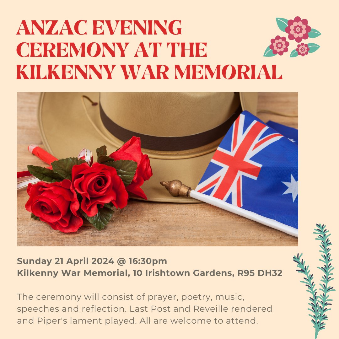 The Kilkenny Great War Memorial committee will host their Anzac remembrance service on Sunday 21 April 2024 at 16:30pm🌹 The service will take place at The Kilkenny Great War Memorial, 10 Irishtown, Gardens, R95 DH32 and all are welcome to attend.