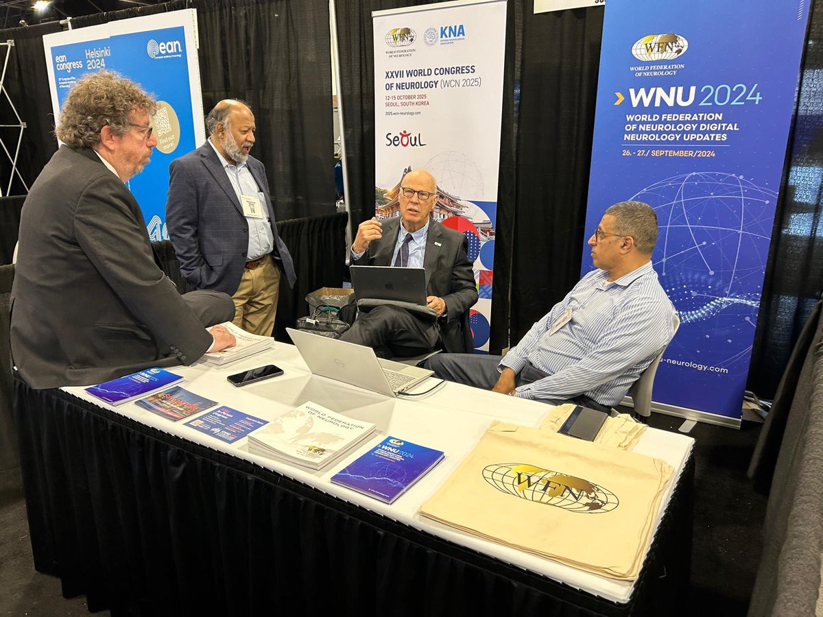 Steven Lewis, Mohammad Wasay, Wolfgang Grisold, and Riadh Guider attend the WFN stand at the 76th AAN Annual Meeting in Denver, Colorado. #WFN #Neurology #AAN2024