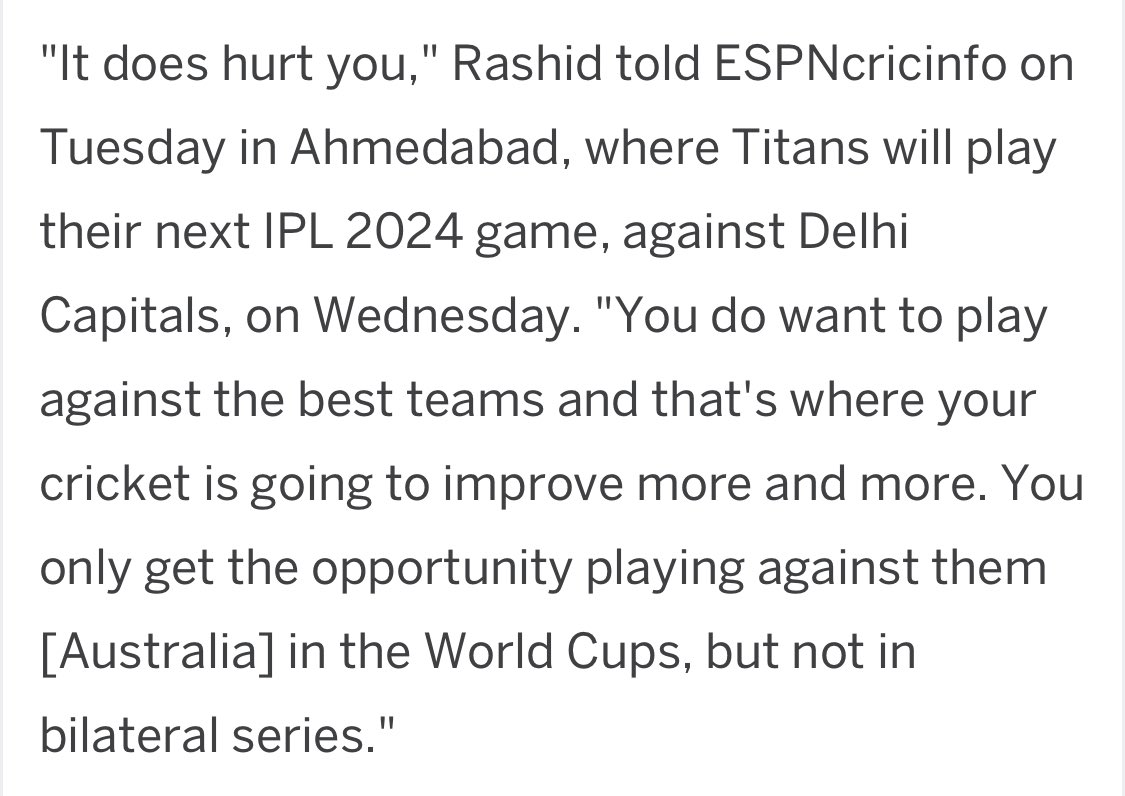 Am staggered that Rashid Khan can’t see the irony in this. He’s “hurt” that he can ONLY play in World Cups. How does he think the Afghan women’s team feel?