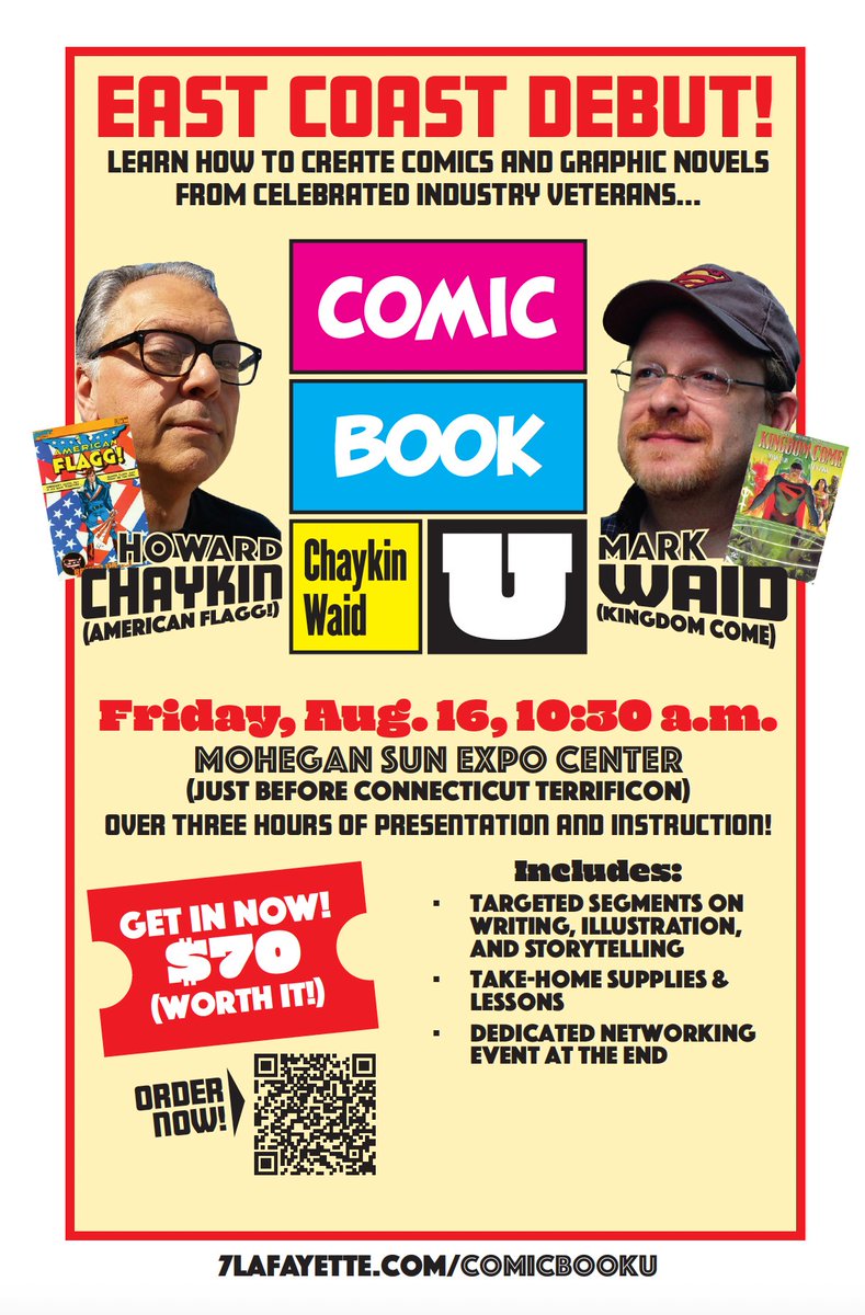 GREAT convention with GREAT add-on event! Friday, Aug. 16, just before @ItsTerrifiCon! Howard Chaykin & Mark Waid teach you to create comics & graphic novels! Get in NOW, only 50 seats available for this life-changing class, GO: eventbrite.com/e/comic-book-u…