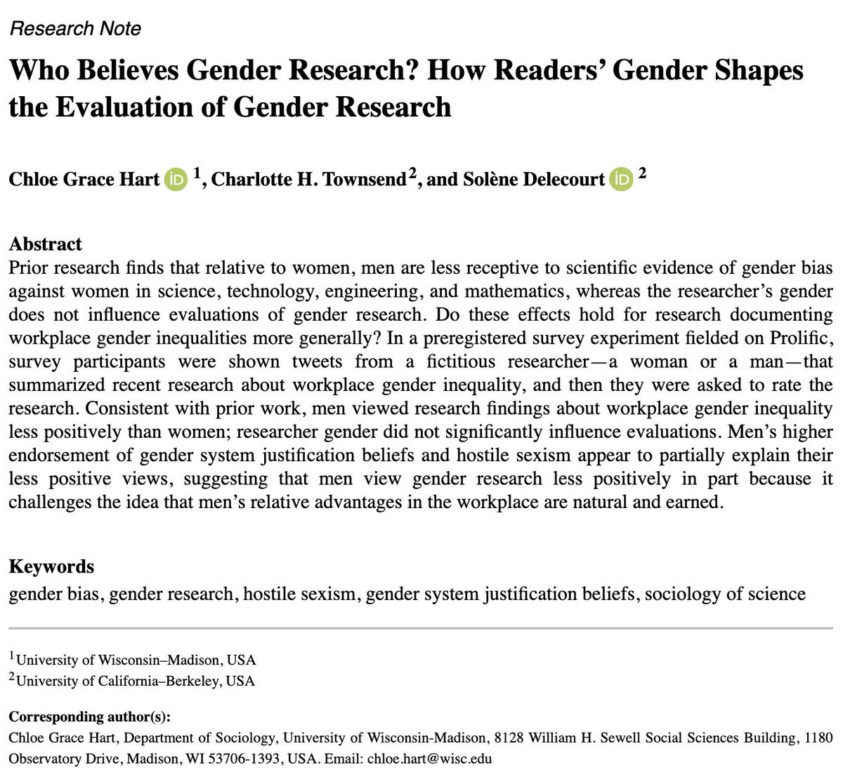 Check out our new OnlineFirst article! “Who Believes Gender Research? How Readers’ Gender Shapes the Evaluation of Gender Research” by Chloe Grace Hart, Charlotte H. Townsend, and Solène Delecourt in #SPQ! @ASASocPsych @ASASexandGender journals.sagepub.com/doi/10.1177/01…