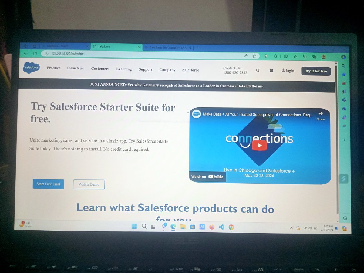 Abhay__62's tweet image. This is my first code.
Started making clone of Salesforce website using html and css.
I learnt from apna college playlist. @AmanDhattarwal @shradha_khapra_
@SalesforceDevs @salesforce
@salesforce #firstcode #CodingJourney
#html5 #CSS