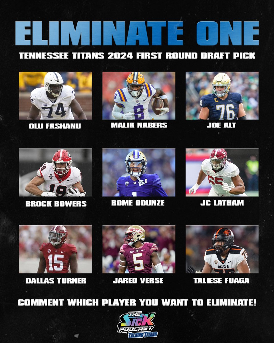 ❌ELIMINATE ONE❌ Comment which prospect you want to ELIMINATE from being the #Titans first round pick. We will eliminate one candidate every day. The last one standing is the fan's favorite for the Titans first round pick. #thesickpodcast