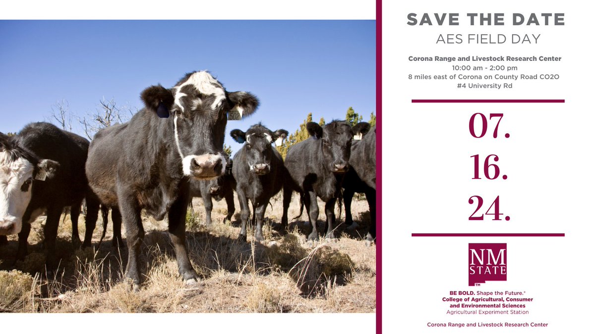 The Corona Range and Livestock Research Center will be hosting its 2024 Field Day on July 16th! Stay tuned to learn more about this event. #AES #nmsuaggies #agricultualexperimentstation #FieldDay #reseachcenter