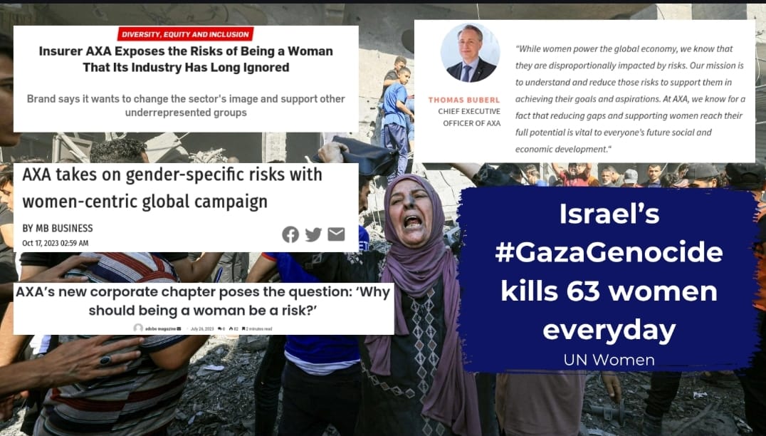 @AXA @thomasbuberl @udecoene you cannot pretend to support women’s rights while supporting Israel’s oppression of Palestinian women! #StoptheHypocrisy #AXADivest @AXA_IRELAND