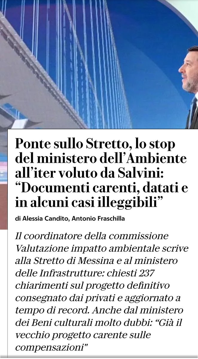 Non i comunisti, non il PD, il ministero dell'ambiente stoppa il #pontesullostretto di #salvini .
E intanto i milioni volano e la gente non sa se verrà buttata fuori da casa senza motivo.
#Sicilia #Messina