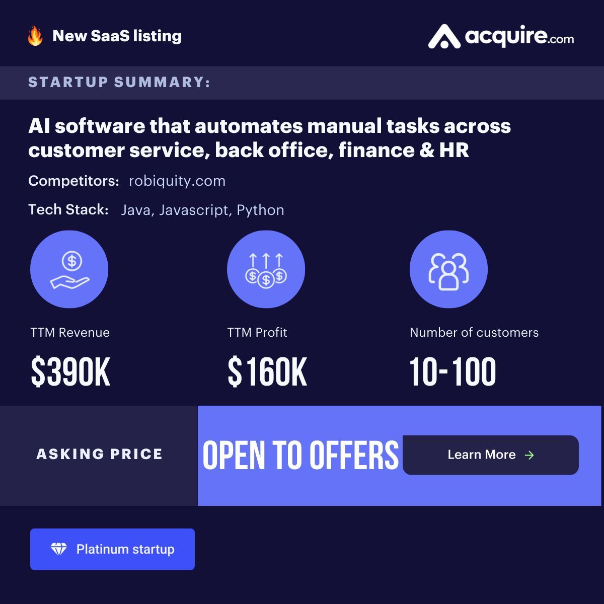 🔥 New GBA Startup Listed 🔥 SaaS | AI software that automates manual tasks across customer service, back office, finance & HR | $390k TTM revenue Asking Price: Open to Offers Contact the seller here: buff.ly/48BK5Oz