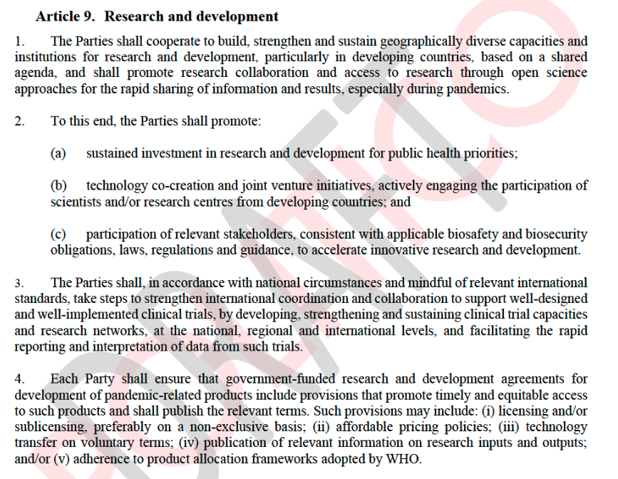 Why has Article 9 been so pared down when it was one of the only points of consensus? Access to research knowledge & publishing of terms of govt-funded research gone when there was little objection. These were necessary provisions toward equity. #INB #PandemicAccord