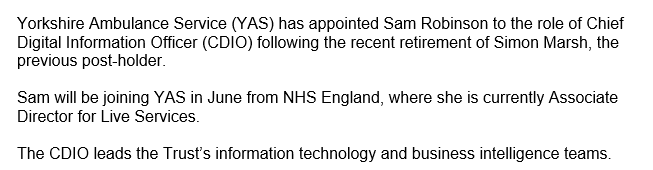 New chief digital information officer for Yorkshire AMBULANCE Service.