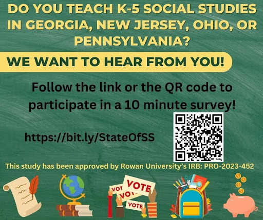 We have a survey from @RowanUniversity investigating The State of Elementary Social Studies Principal Investigator. Scan the code or follow the link to participate!  bit.ly/StateOfSS