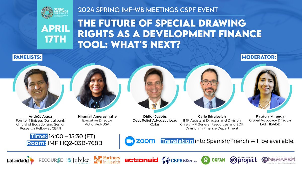 📣 JOIN US as the #SMCSO24 kicks off tomorrow 👇 The Future of Special Drawing Rights as a Development Finance Tool: What's Next? with @ecuarauz, @niramer24, @patmirandaBol & Didier Jacobs 📅Wed 17 April ⏰14:00-15:30 🏢IMF HQ2-03B-768B Watch live: imf.zoom.us/j/97986887262?…