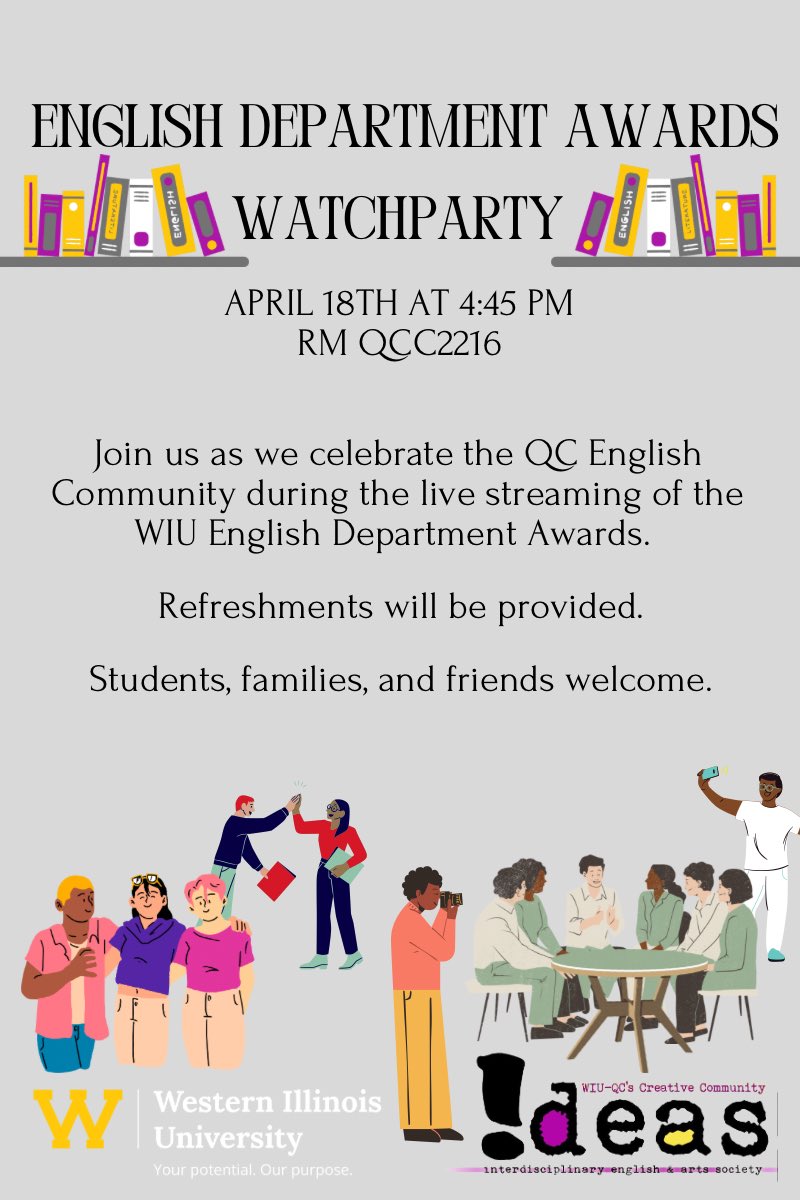 Join us this Thursday, April 18th at 4:45 for a watch party of the live-streamed English Department Awards. Family and friends are welcome! Come revel in our QC English Community and enjoy some yummy snack too!