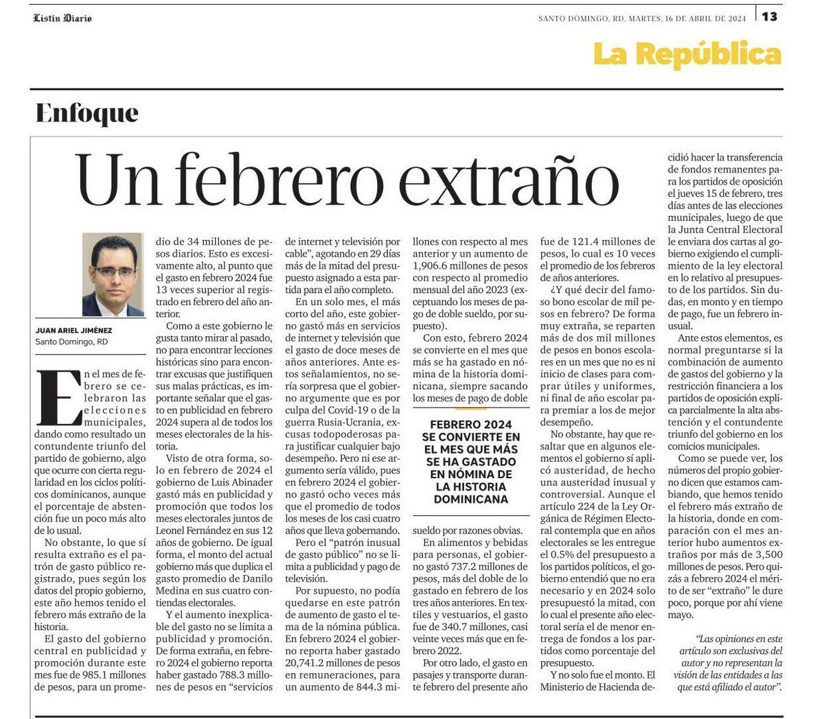 Abel2428NY's tweet photo. |Un febrero extraño|
Economista, académico y vicepresidente del PLD Juan Ariel Jiménez escribe hoy.
El incremento extrañamente inusual del gasto del gobierno en el mes de las elecciones municipales y distritales y, al mismo tiempo, la restricción financiera a los partidos de oposición explicaría los extraños resultados electorales en el mes de febrero.
https://t.co/AbwzmJm7ri…